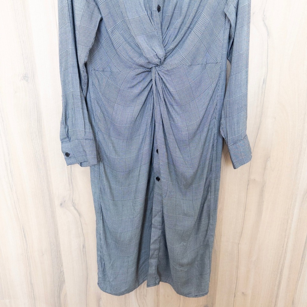 Zara Womens Plaid Shirt Midi Dress S Gray Long Sleeve Twist Front Preppy Office - Picture 4 of 8
